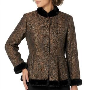 Nicowa Muchen West-Germany Brown Paisley Faux Fur Trim Peplum Jacket Women